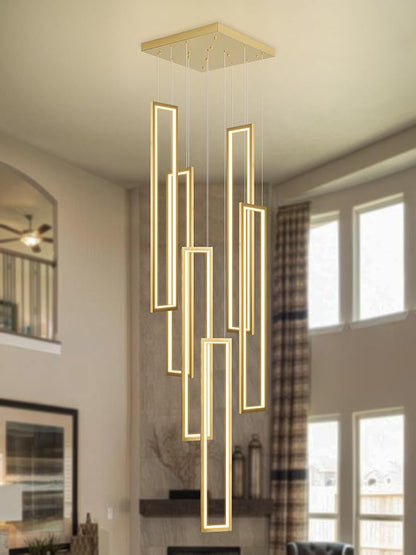 Flashing God Modern Chandelier,Gold Chandeliers with 6 Ring Led Foyer Chandeliers,Larger High Ceiling Chandelier for Living Room,Rectangle Chandelier for Entryway Staircase LED Dimming 2700k-6001k