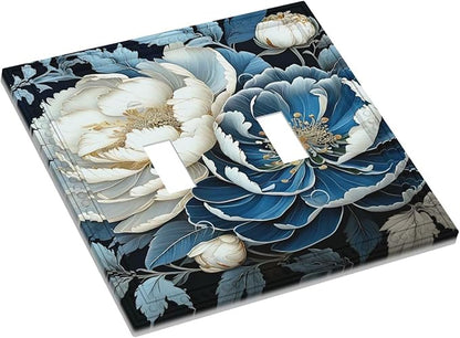 White Blue Flower Peonies Light Switch Covers Double Toggle 2 Gang Wall Plate Dual Decorative Switchplate Electrical Faceplate for Farmhouse Living Room Decor
