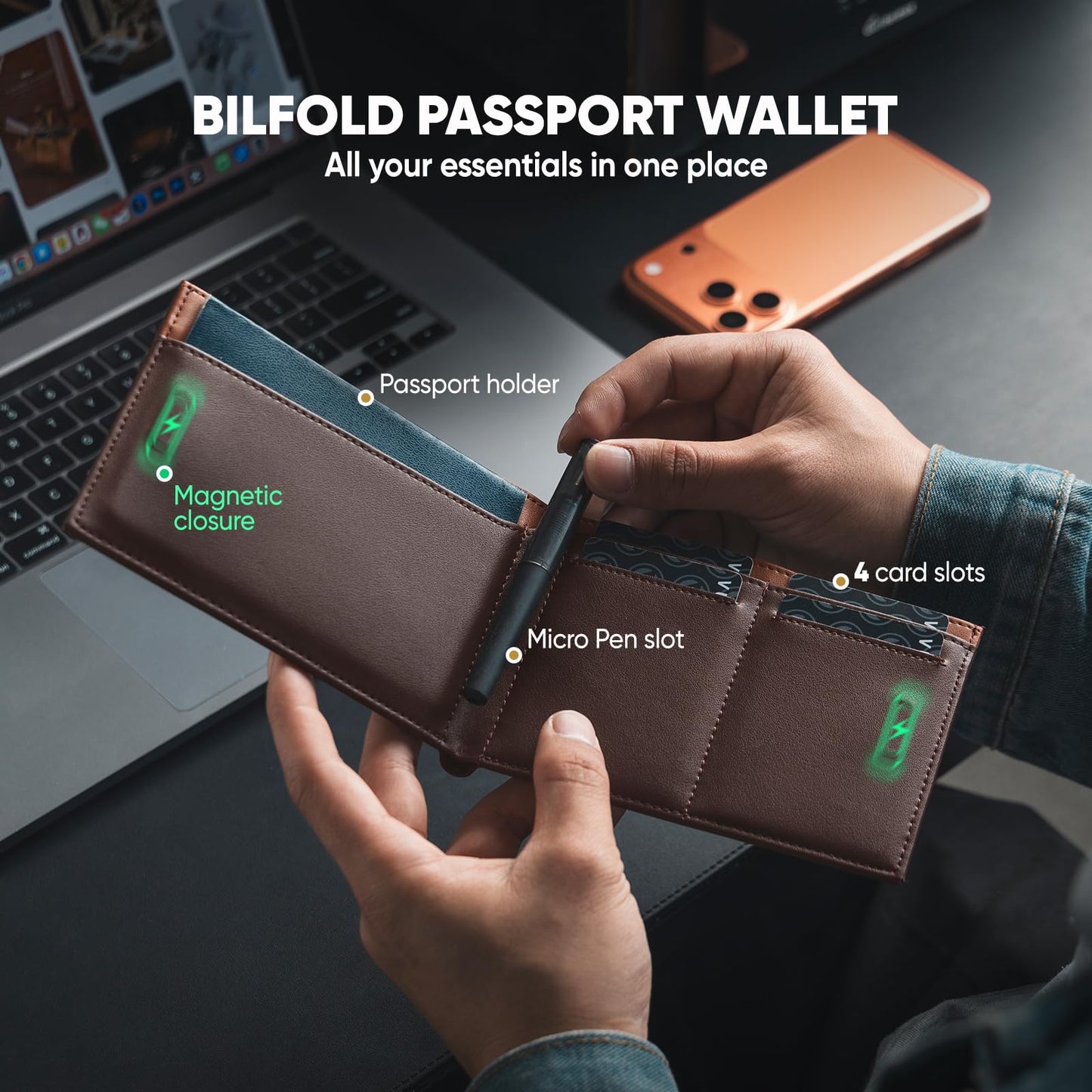 VULKIT Bilfold Passport Holder Leather RFID Blocking Passport Wallet with Hidden Pocket Slim Travel Documents Organizer for Men or Women (Passport, Card, Cash, Coin, SIM Card, Ticket)
