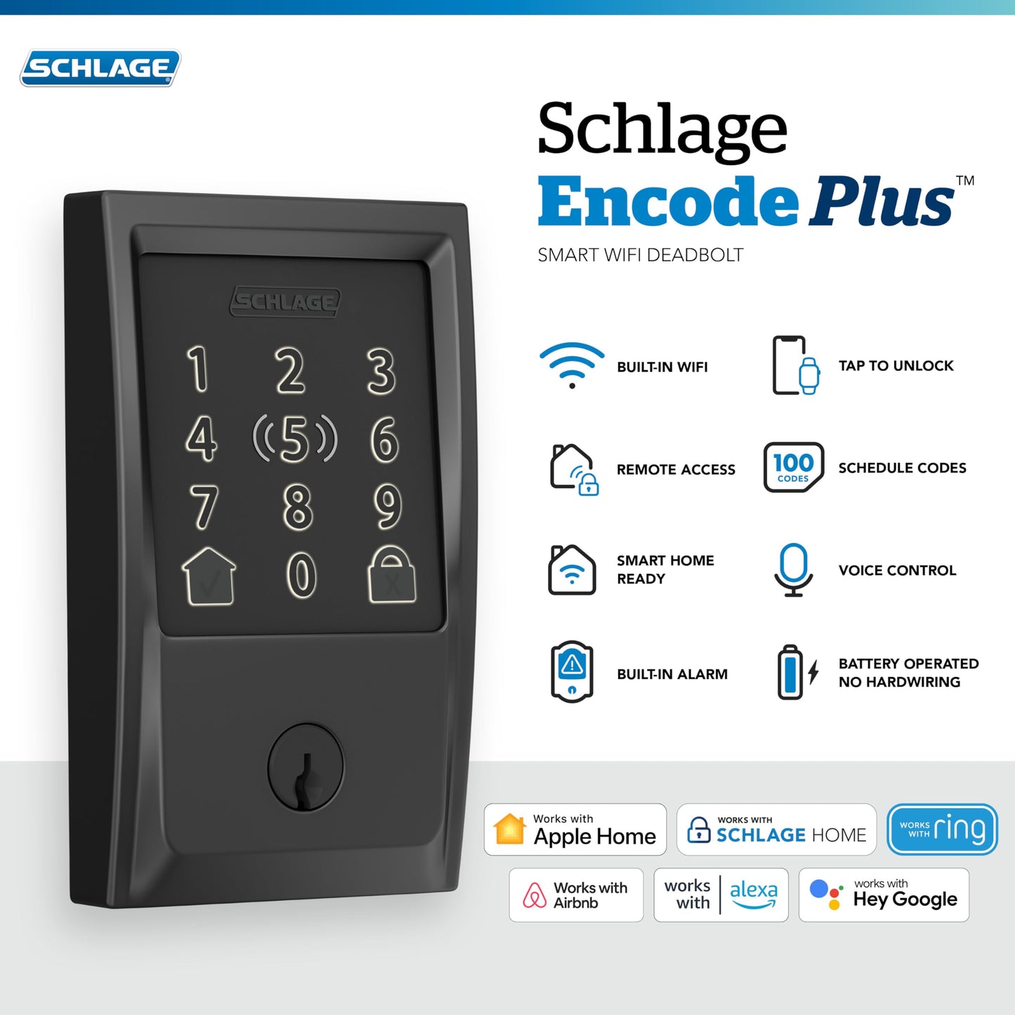 Schlage BE499WB CAM 619 Encode Plus WiFi Deadbolt Smart Lock, Keyless Entry Touchscreen Door Lock with Camelot Trim, Satin Nickel