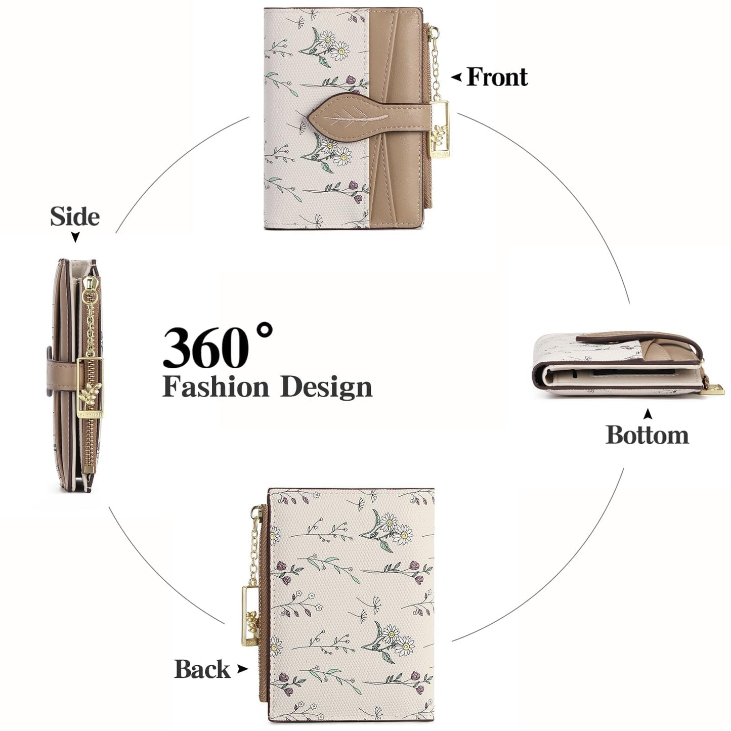 GAEKEAO Small Wallets for Women RFID Blocking Bifold Floral Vegan Leather Wallet Card Holder with Zipper Pocket ID Window