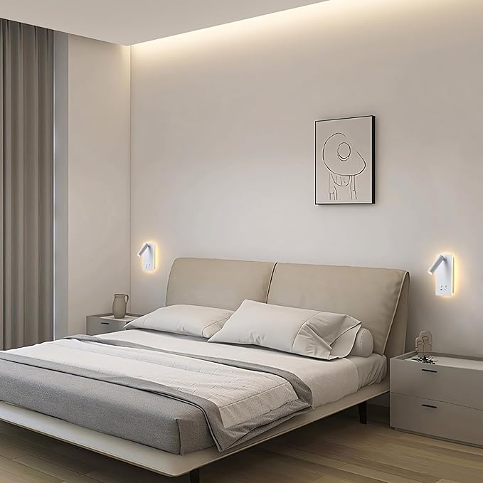 Dimmable Wall Mounted Reading Light for Bed, LED Wall Lamps with USB C+A Ports, Hardwire & Plug in 2 in 1 Wall Sconces with Switch, Eye-Caring Bed Side Lamp with 9W+3W Backlight 3000K (2 Pack)