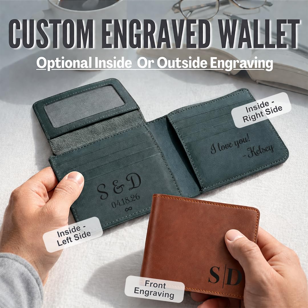 GiftShopie Personalized Handmade Genuine Leather Wallet for Men | Custom Engraved Name & Initial | Customized Monogram Wallet Gift for Dad, Husband, Boyfriend | Birthday, Father's Day Present