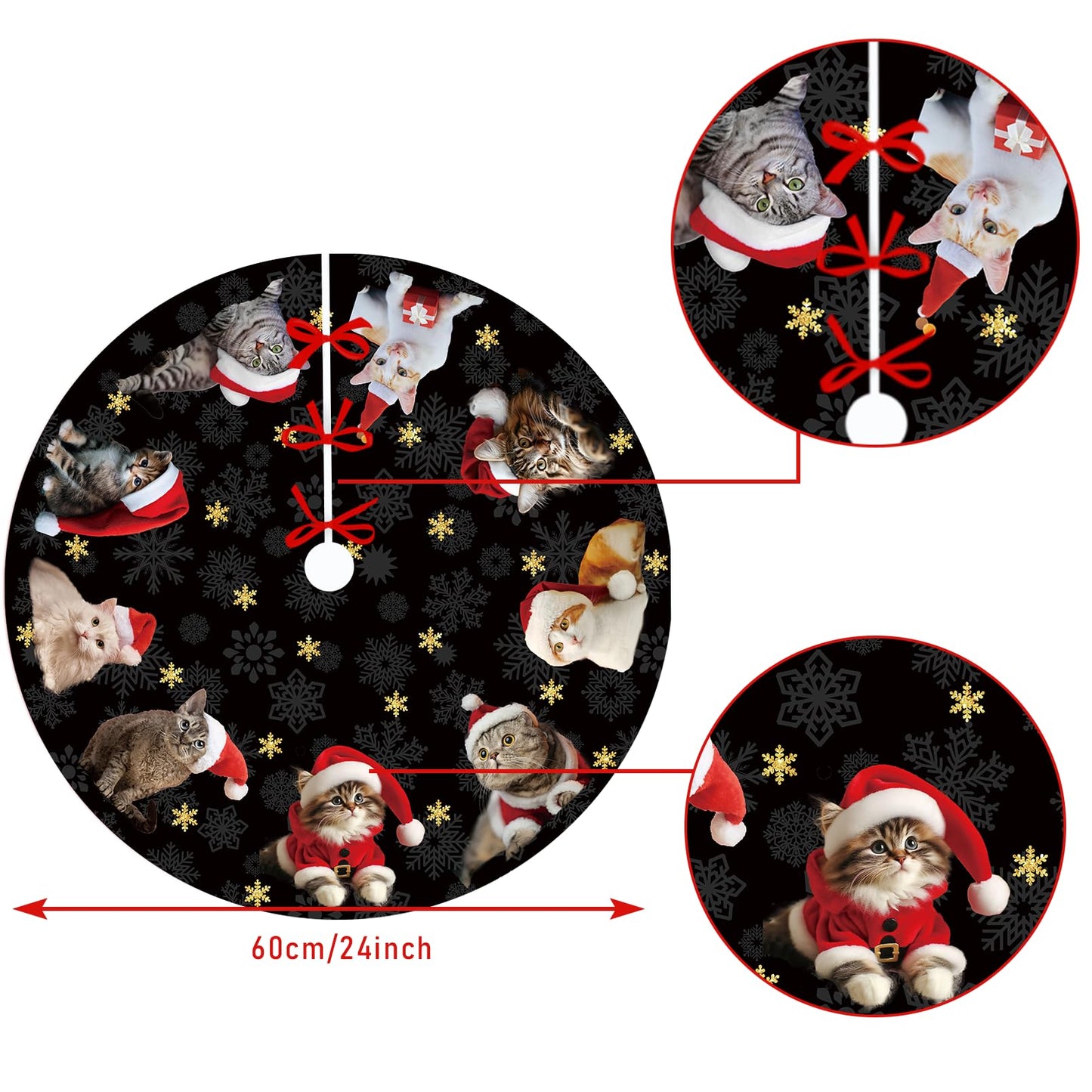 Cat Christmas Tree Skirt 36 Inches Black and Gold Xmas Skirt Under Tree Base Cover Collar Floor Mat for 6.5ft-Tree, Christmas Decor for Home Office Indoor Holiday Party Decor