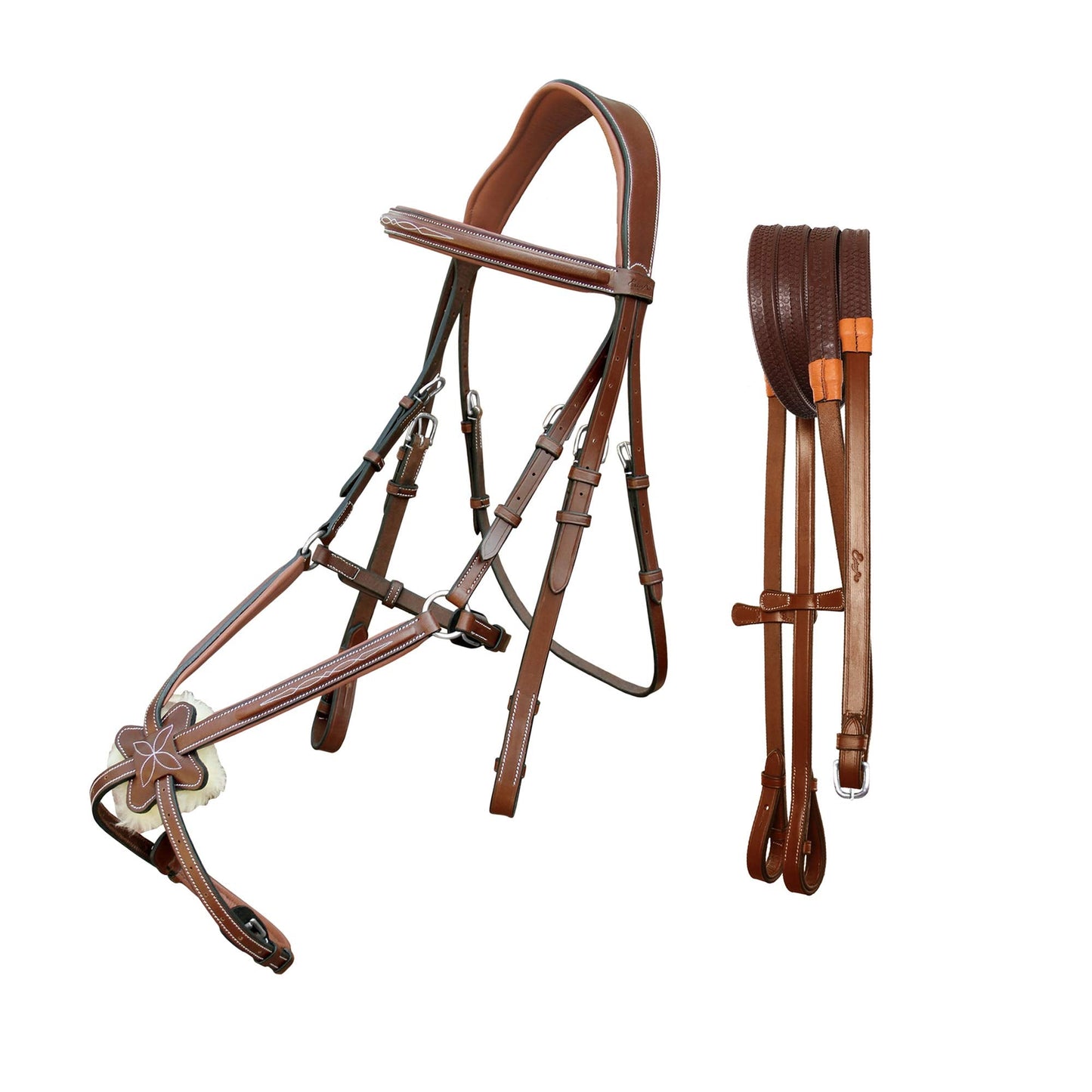 ExionPro Comfortable Broad Free Ear Anatomic Shape Mono Crown Piece Fancy Stitched Figure 8 Padded Noseband English Bridle & Rubber Reins (Conker, Vegetable Tanned Leather - Over Size)