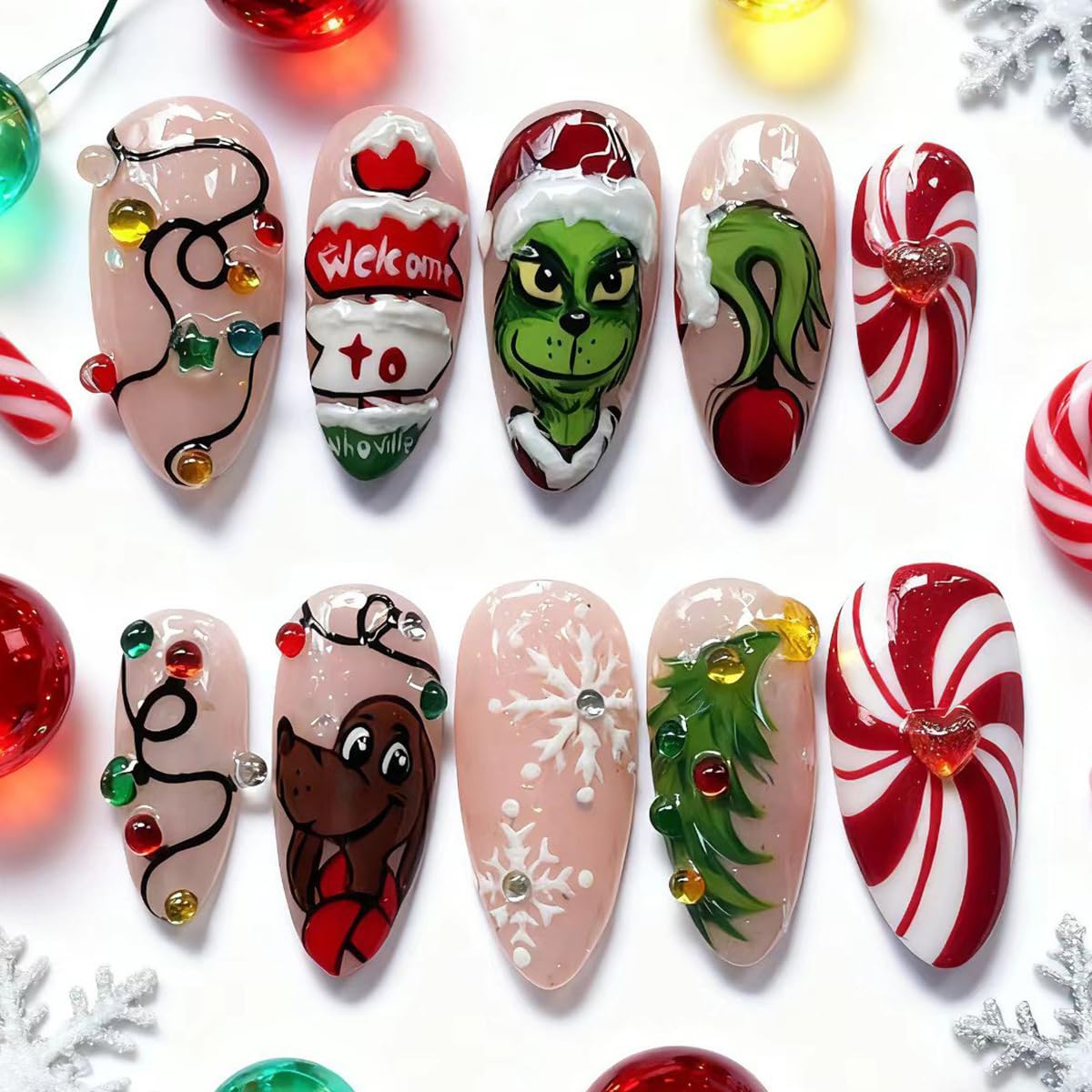 30Pcs Christmas Press on Nails Medium Almond Fake Nails 3D Rhinestones Xmas Tree Lamp Strip Design Handmade False Nails Cute Monster Acrylic Nail Snowflake Gems Glue on Nails for Women Winter Manicure