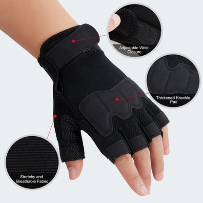 FIORETTO Fingerless Gloves for Men, Breathable Grip Palm Gloves for Motorcycle Riding, Driving, Cycling, Exercise, Workout, Climbing, Hiking and Outdoor Activities Black Medium