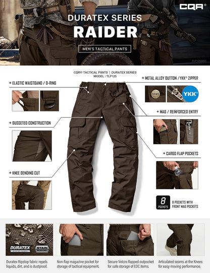 CQR Men's Tactical Pants, Water Resistant Ripstop Cargo Pants, Lightweight EDC Work Hiking Pants, Outdoor Apparel, Duratex Mag Pocket Dark Brown, 28W x 30L