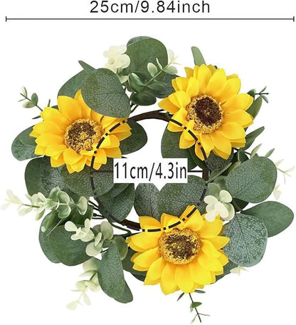 2 Pcs Artificial Sunflower Candle Rings, Fake Sunflower Candle Wreaths Ring Artificial Yellow Flower Leaves Wreath Fake Floral Candles Rings for Wedding Party Decorations