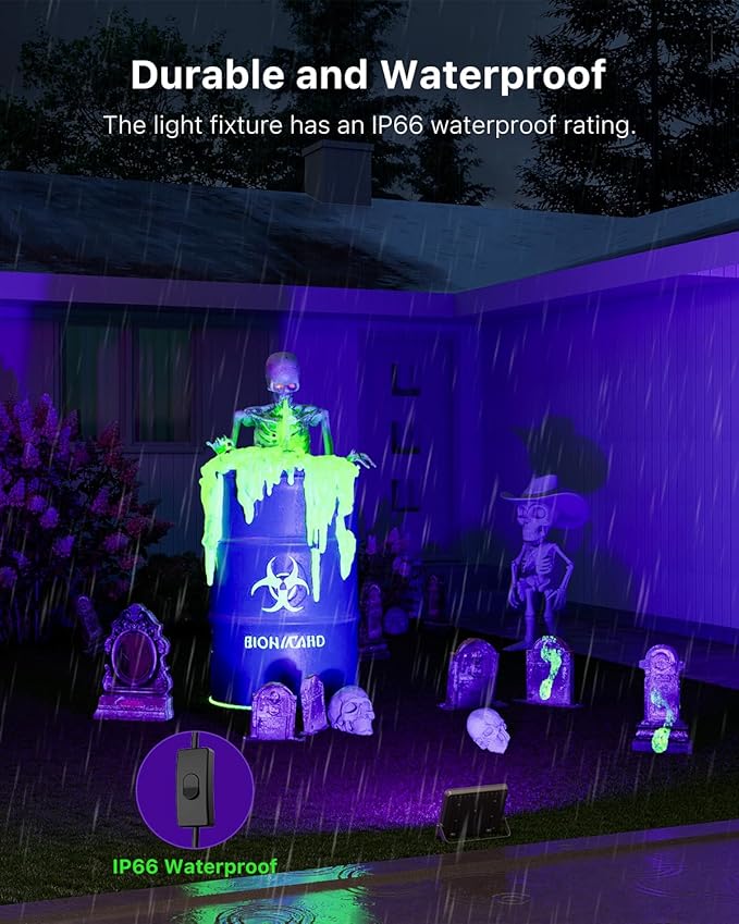 2 Pack 50W Halloween Blacklight Flood Lights Wired 120V IP66 Waterproof UV Led Black Light Use to Outdoor or Indoor for Landscape Decoration, Skeleton, Spider Web, Ghost, Tombstone, Body Paint, Party
