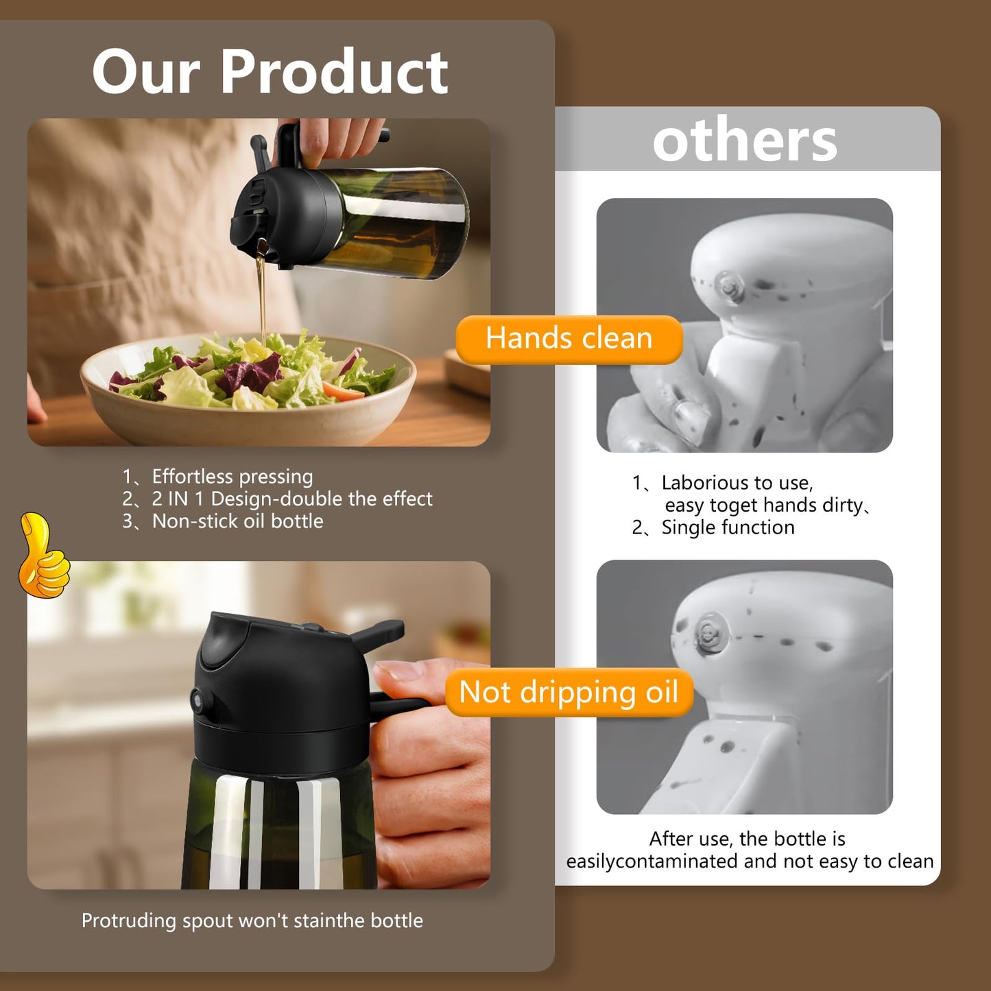 Olive Oil Dispenser and Oil Sprayer – 16oz/470ml Glass Light-Proof Oil Pourer for Kitchen, Air Fryer, Cooking, Salad, and BBQ