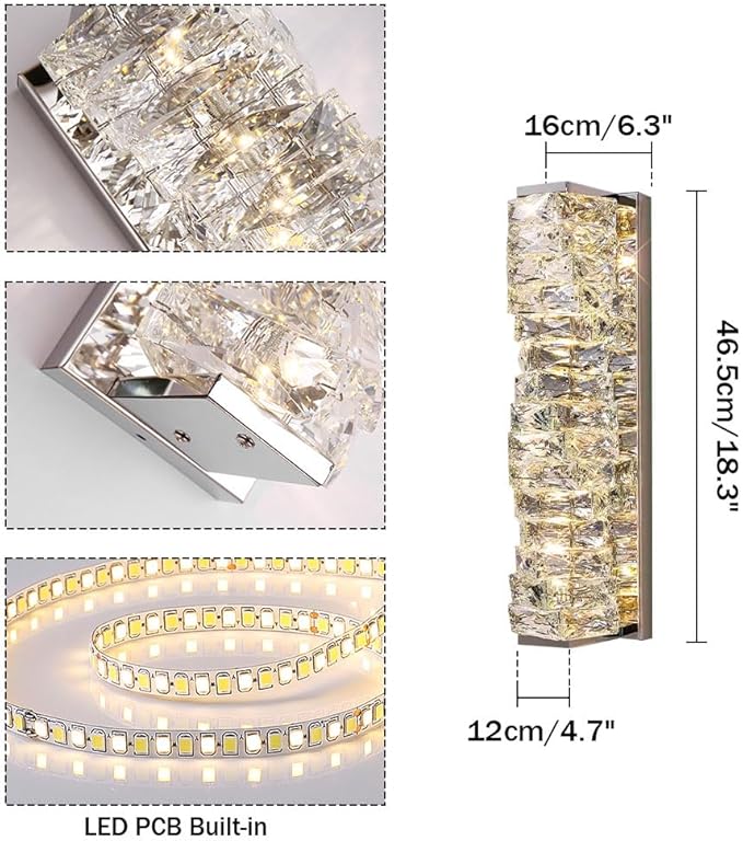 LED Crystal Wall Sconce Silver Crystal Bathroom Vanity Light Fixtures with 3 Color Temperature, Indoor Dimmable Wall Mount Light for Bedroom Living Room,Set of 2