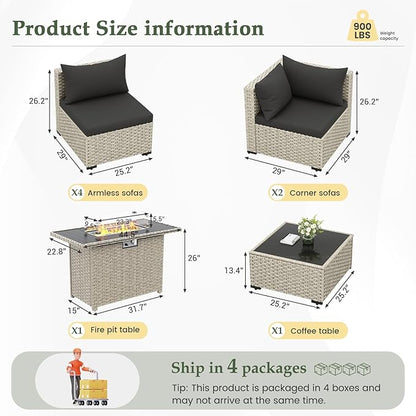 UDPATIO Patio Furniture Set with Fire Pit Table, 8 Pieces Outdoor Sectional Sofa, PE Wicker Patio Conversation Set for Garden, Backyard Black