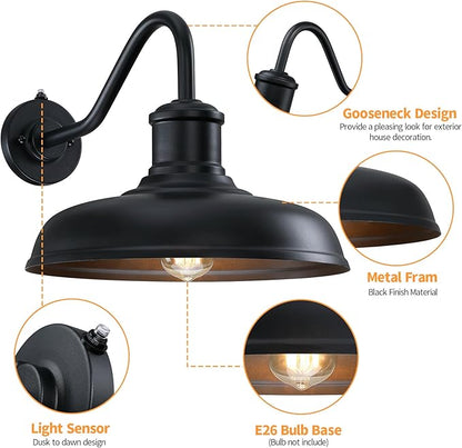 13.8'' Diameter Large Dusk to Dawn Outdoor Gooseneck Barn Light 2 Packs, Outdoor Wall Sconce Farmhouse Exterior Light Wall Lighting Fixture Industrial Outside Lantern for Porch, Patio, Garage, Black