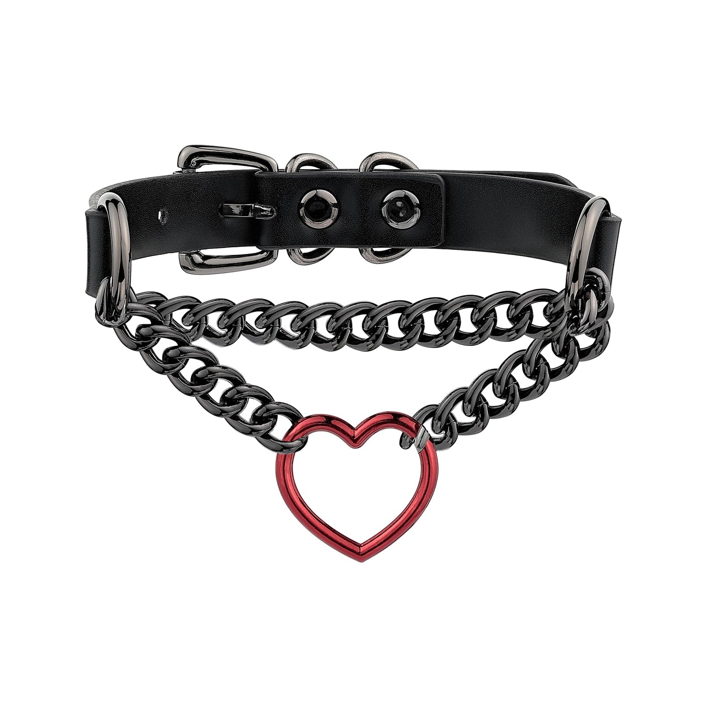 ADEMISHIA Black/Pink Leather Choker Necklace For Women, Handmade Adjustable Chain Collar with Metallic Heart Ring