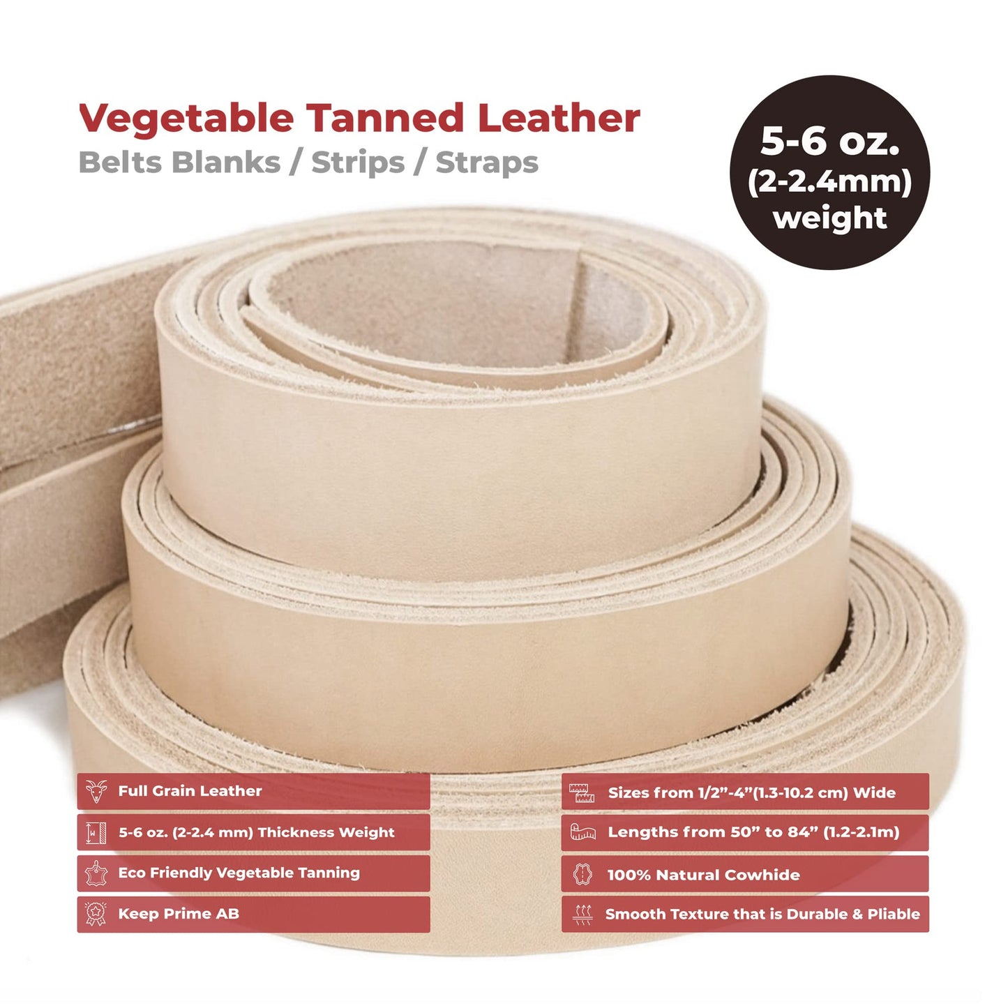 ELW Leather Blank Belt | 5-6 Oz. (2-2.4mm) Thickness | Size: 1-1/2"x60" (3.81x152cm) | Cowhide Vegetable Tanned | Full Grain Strip, Strap | Ideal for DIY Belts for Tooling, Crafting, Stamping, Dyeing