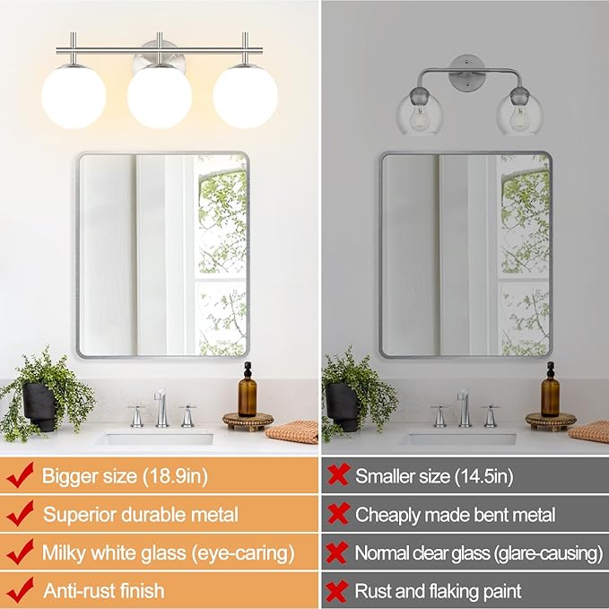 3-Light Bathroom Light Fixtures, Brushed Nickel Vanity Lights for Bathroom with Milky White Ball Shades, 18.9 inch Bathroom Lighting Fixtures Over Mirror, Wall Sconce for Bedroom (Exclude G9 Bulb)