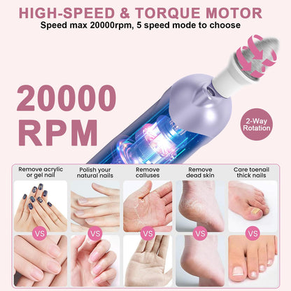 Professional Manicure Pedicure Kit, 9 in 1 Cordless Nail Drill with 100 pcs Nail Drill Bits Sanding Bands, Nail Grinder for Human, 5 Speeds, Nail Dremel Kit for Home and Salon Use