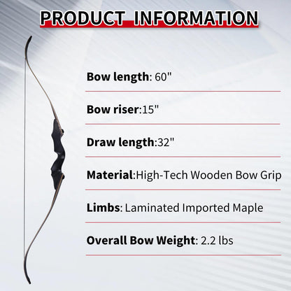 Black Hunter Recurve Bow 60" Right-Handed Bow Ergonomically Designed for Comfortable Grip Suitable for Beginners and Longbow Enthusiasts to Train Or Hunt (35LB Bow Without Arrow Set)