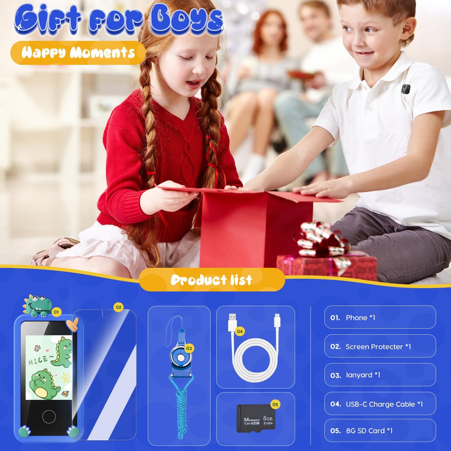 Luyiilo Kids Smart Phone Toys for Boys,Dinosaurs Gift Toys for Boys Ages 3-9 Christmas Birthday Gifts Mini Smart Phone Toys With 2.8" Touchscreen 16 Learning Games Dual Camera Music Player, 8G SD Card