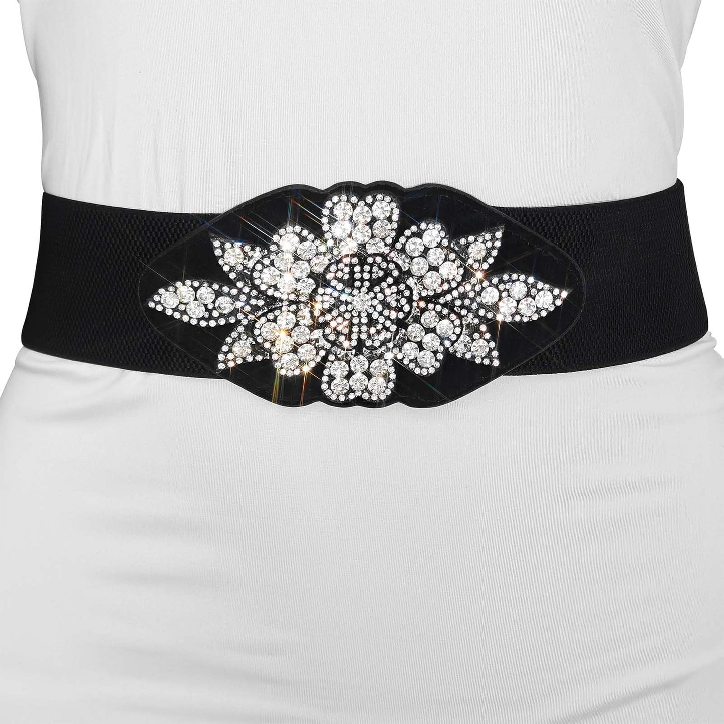 Wriidy Black Stretch Belt Rhinestone Flower Wide Women Belts Crystal Fashion Large Waist Belt for Dress