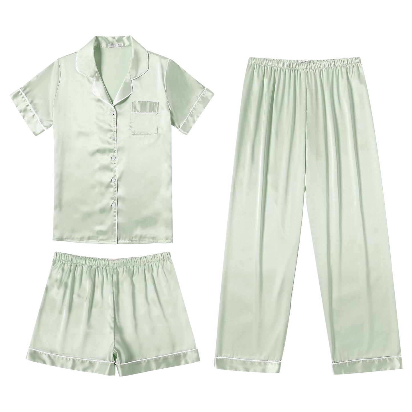 Ekouaer Silk Pajamas for Women Set Satin Pjs Soft Short Sleeve Button Down Sleepwear 3 Piece Loungewear S-XXL