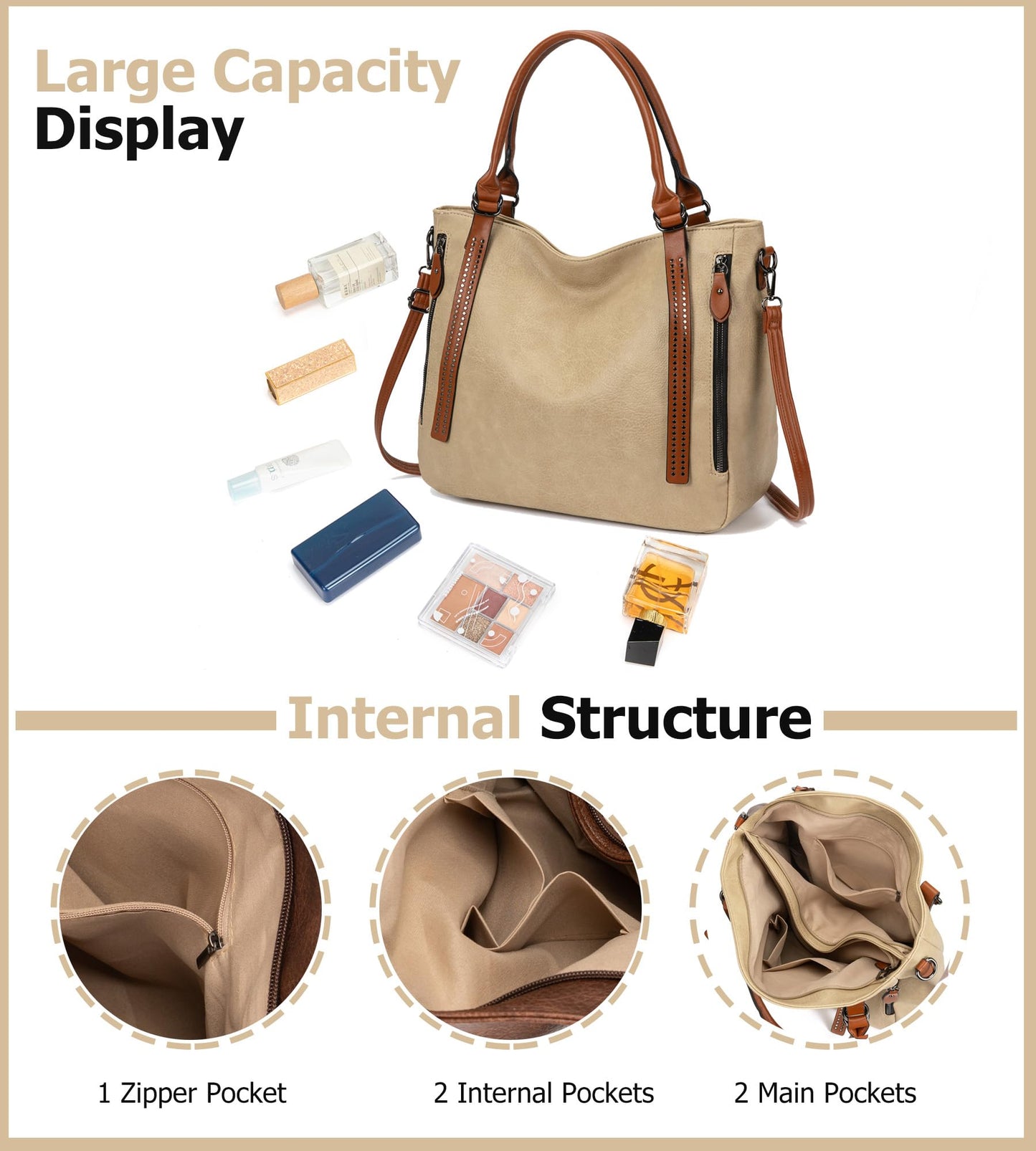 myfriday Vintage Slouchy Tote Bag for Women, Large Vegan Leather Hobo Shoulder Bag Satchel Purse with Adjustable Strap (Apricot)