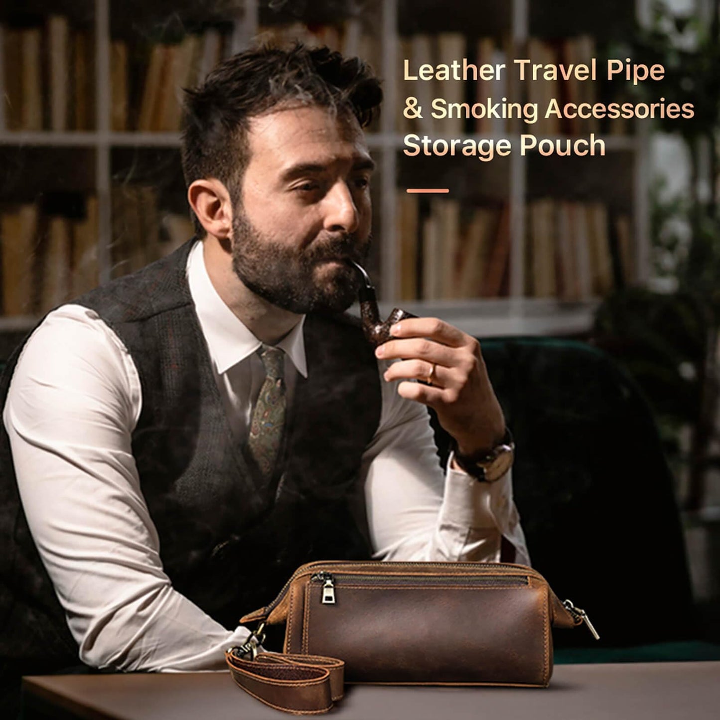 Hiram Handcrafted Travel Pipe Tobacco Pouch Pipe Support Stand Full Grain Leather Smoking Pipe Accessories Organizer for 2 Pipes,Lighters,Cigarette Accessories（only pouch case）