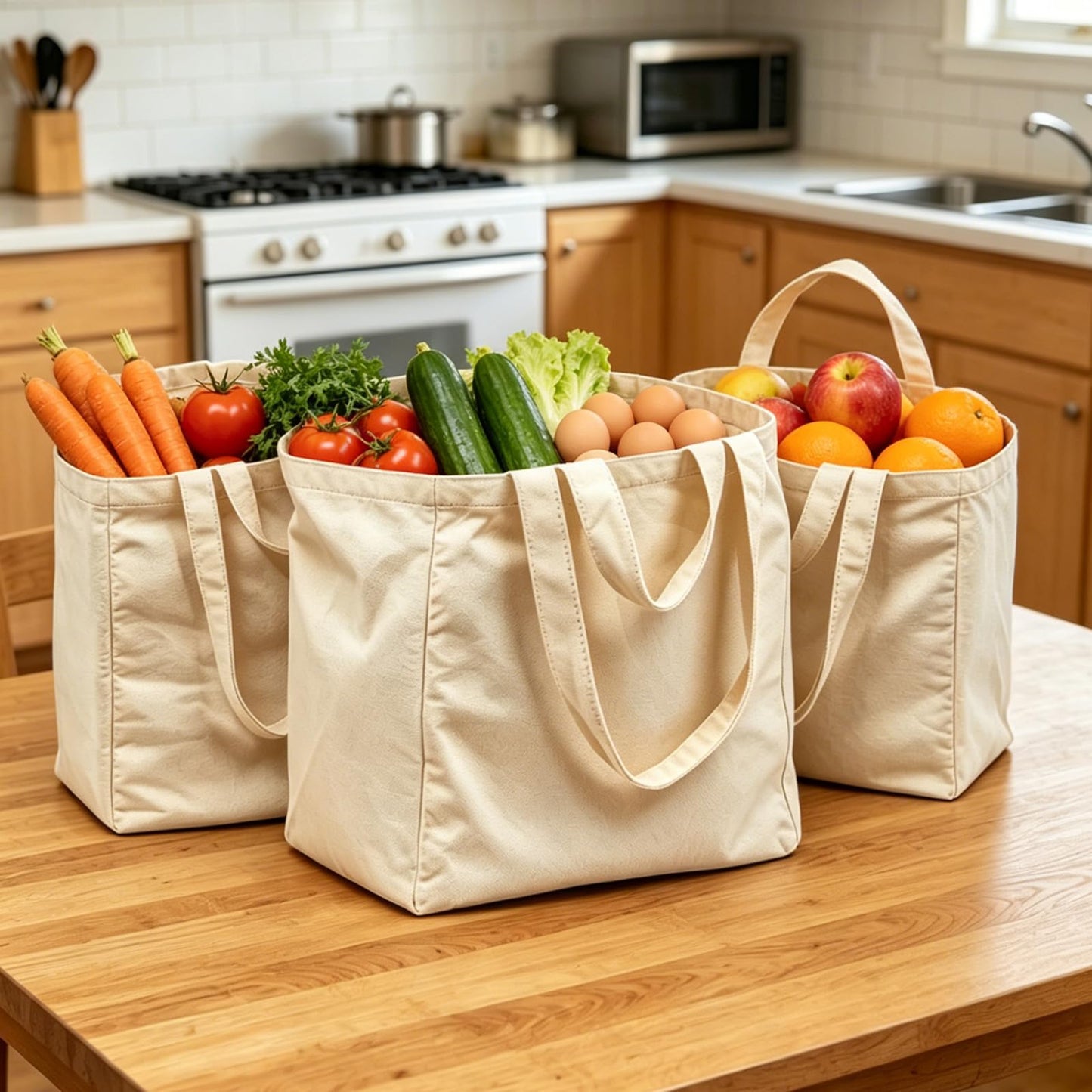 Umicclist Canvas Grocery Tote Bag, 3PCs Reusable Extra Large Shopping Bag with Long Shoulder and Handle Straps, 6 Inner Pockets, 15x15x10 Inch, Foldable Washable Bag for Picnic