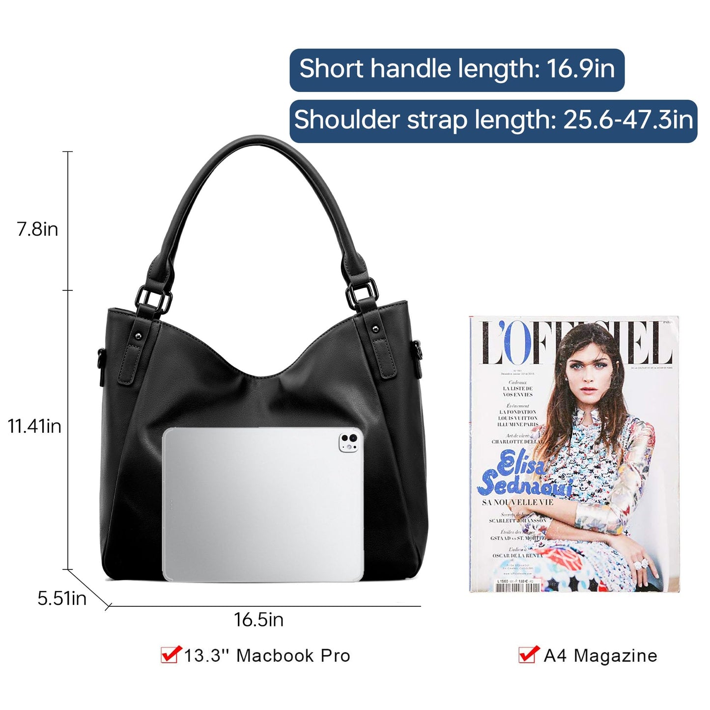 Goinsound Women's Hobo Bags Leather Large Tote Bag Purse with Multiple Pockets Shoulder Bag with Adjustable Straps Black