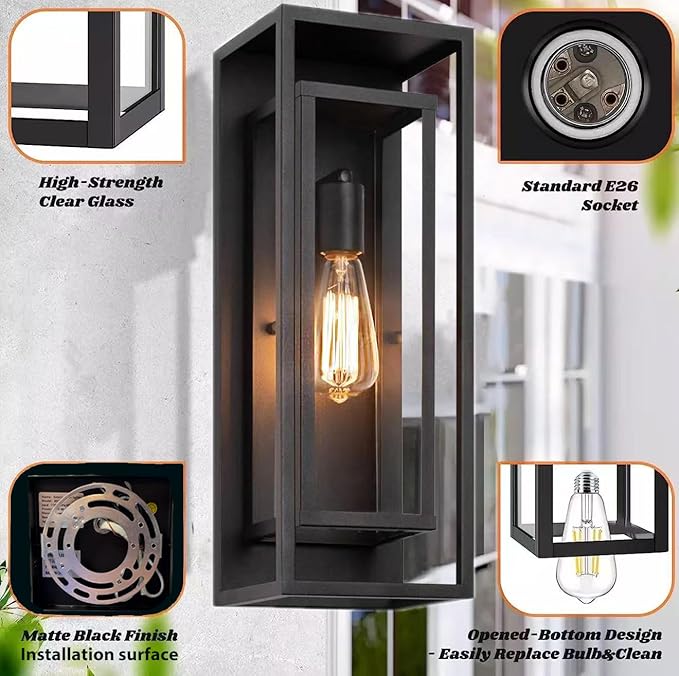 4 Pack 18 inches Outdoor Wall Lantern Light Fixture, Large Black Exterior Waterproof Wall Sconce, Anti-Rust Mount Porch Light with Clear Glass,E26 Socket