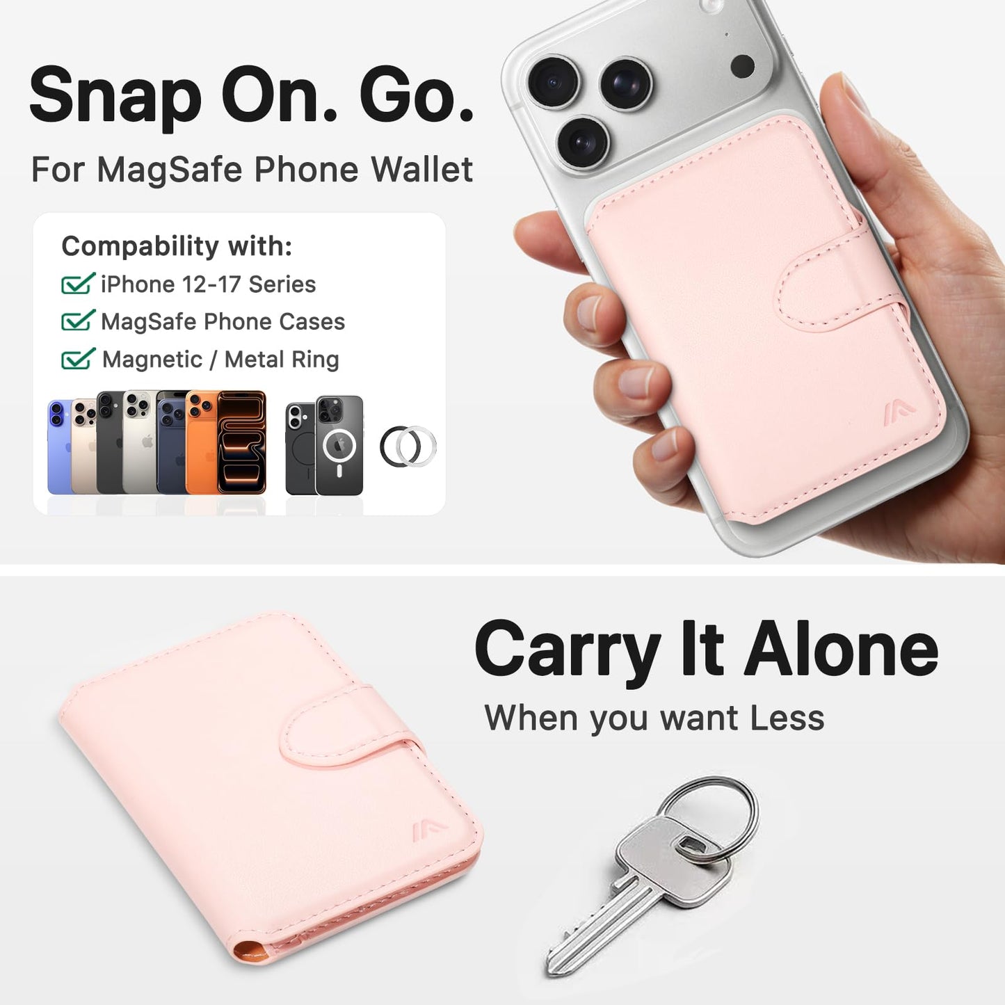MEFON for MagSafe Wallet, Magnetic Phone Wallet RFID Blocking, Slim 5-8 Card Holder with Cash Slot & Clear ID Window, Minimalist Mag Safe Wallets for iPhone 17/16/15/14/13/12 Series, Blush Pink