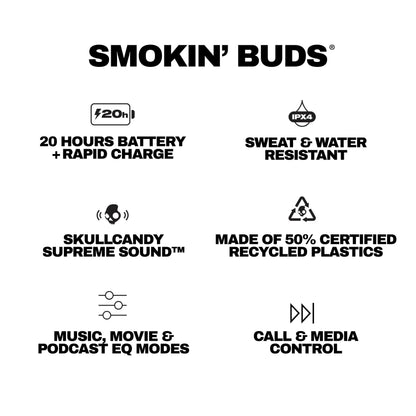Skullcandy Smokin’ Buds Wireless Earbuds, Bluetooth Headphones, Noise Isolating Fit, Up to 20 Hours Battery, IPX4 Sweat and Water Resistant, Microphone for iPhone Android - True Black