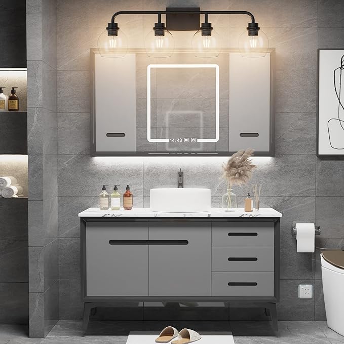 Tipace Industrial Bathroom Vanity Lighting Fixtures 4-Lights Vintage Black Finish with Globe Clear Glass Vanity Lights Farmhouse Bath Lighting(Exclude Bulb)