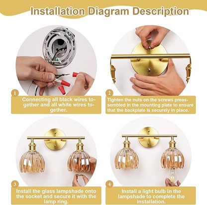Vintage Bathroom Light Fixtures,2-Light Hardwired Vanity Lights Over Mirror,Gold Wall Sconces with Clear Tulip Glass Shade for Bathroom Living Room,E26 Socket(Bulbs Not Included)