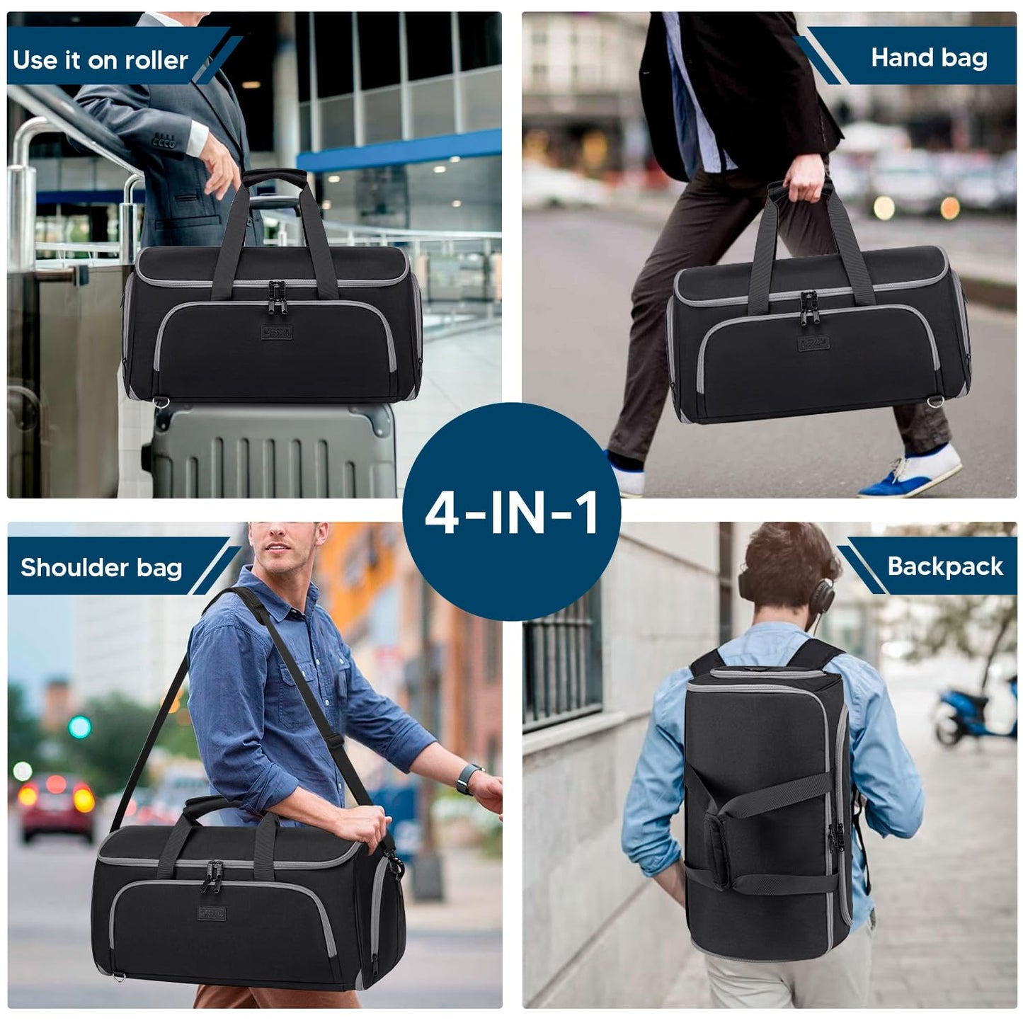 Vessgra Convertible Garment Bags for Travel, 4 in 1 Duffle Bag for Travel 58L Capacity Carry on Garment Bag with Shoes Compartment Travel Garment Bag with Shoulder Straps Suit Bag for Men Women,Black
