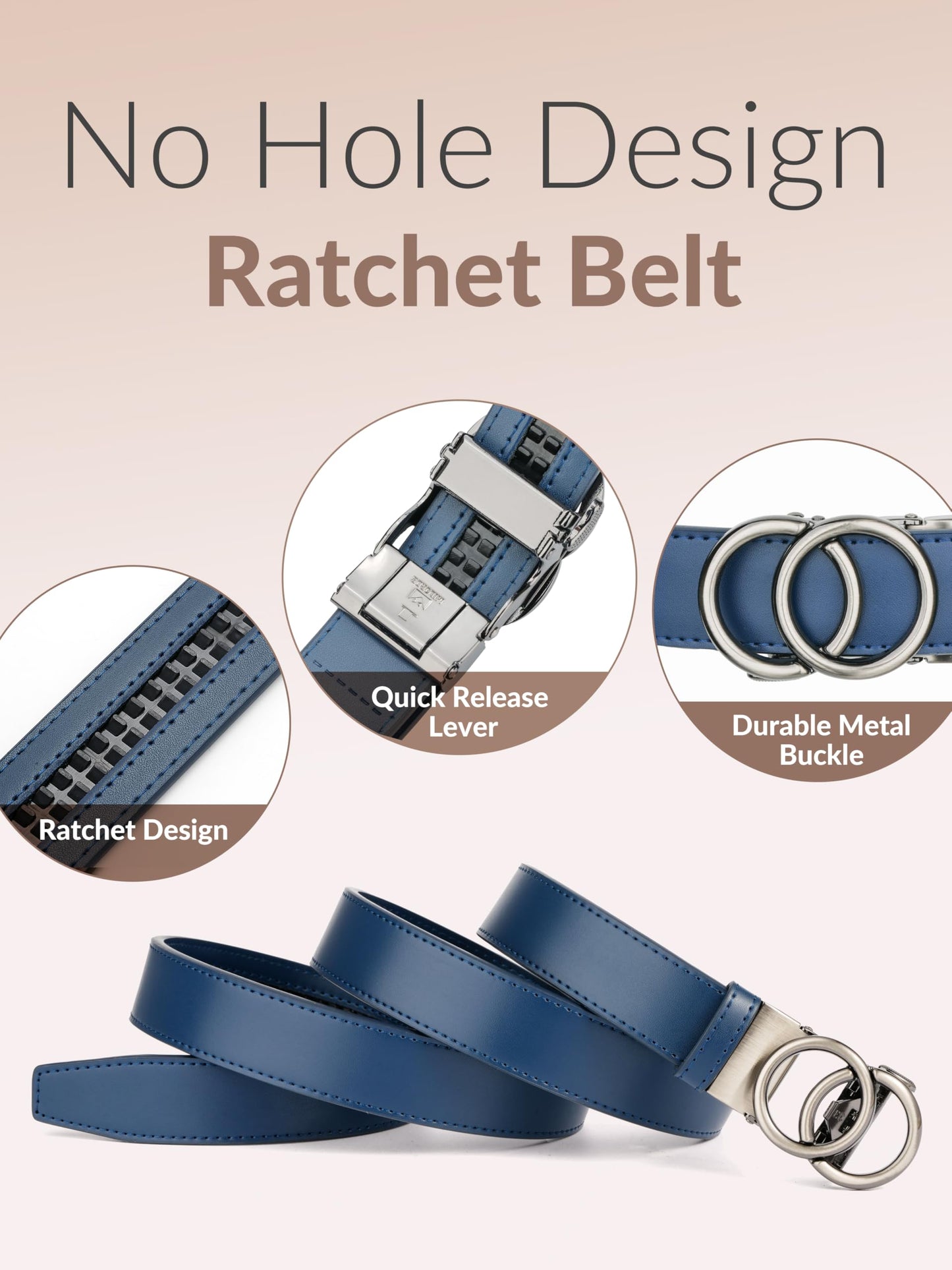 MILORDE Womens Ratchet Leather Dress Belt - 3cm/1.18“ width,Size Customizable Fit,Designs for Dress and Casual (W118-navy, 40" to 46" Waist Adjustable)