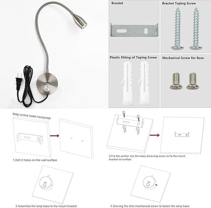 Dimmable Reading Light Plug in Wall Mounted Bedside Headboard Reading Light Task Directional Gooseneck LED Light 3W Output (Brushed Nickel, 120V Plug in, Warm White)