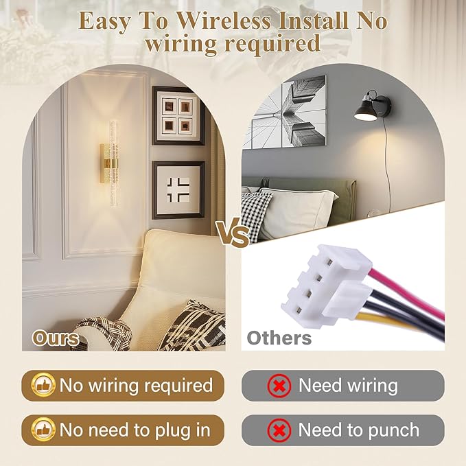 camuucci Battery Operated Gold Wall Sconces Set of 2 Rechargeable Battery Powered Wall Light with 12000mAh Not Hardwired Dimmable Wall Lamp Fixtures for Bedroom Living Room 15.3 Inches