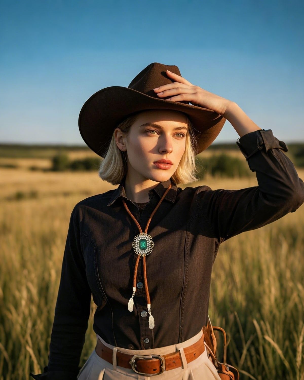 PEARLY JUN Bolo Tie for Men Women Rhinestone Emerald Gold Cowboy Brown Country Style Handmade Leather String Rodeo Festive Days Gifts