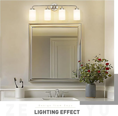 zeyu Brushed Nickel Bathroom Vanity Light, 4-Light Modern Wall Sconce Lights, Milky White Frosted Glass Shades, ZS62B-4W BN