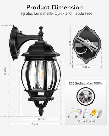 VIANIS Dusk to Dawn Porch Lights Outdoor, Black Exterior Light Fixtures Wall Mount for House, 2 Pack Modern Coach Lights for Garage with Tempered Glass, Anti-rust Outdoor Wall Sconce Lantern for Patio