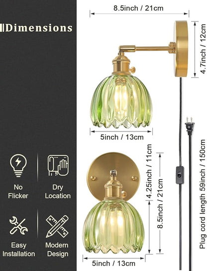 Plug in and Hardwired Wall Sconces, Luxury Vintage Tulip Crystal Glass Shade Wall Light with Switch for Bedside Bedroom Living Room (Tulip-Green, 2)