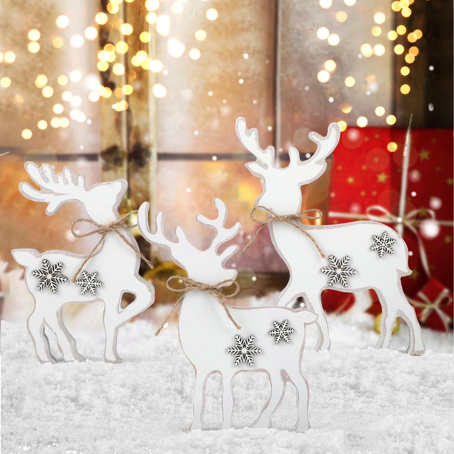 3Pcs Cute Christmas Tiered Tray Decor Indoor, Wooden Farmhouse Reindeer Christmas Tabletop Decorations Xmas Centerpiece, Rustic Reindeer Sign Standing Elk Decor for Home Shelf (White)