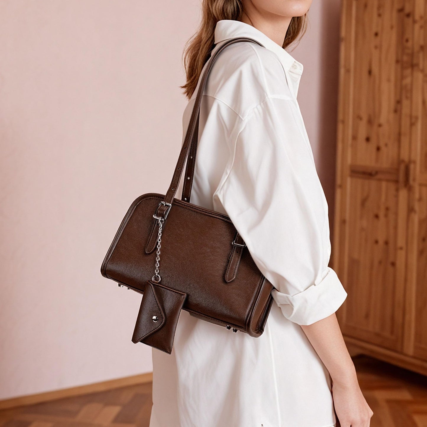 Goinsound Swing Zip Shoulder Bag Small Swing Purses Bowler Bag Brown Shoulder Bags for Women with Adjustable Strap