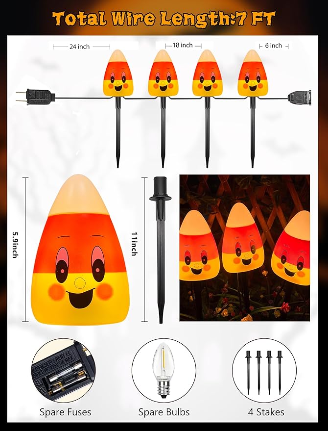 4 Pack Halloween Candy Corn Pathway Marker Lights with C7 Clear Bulbs, 7Ft Candy Night Light with 4 Stakes, Extendable Waterproof Pathway Decor for Yard Porch Lawn Pathway Garden
