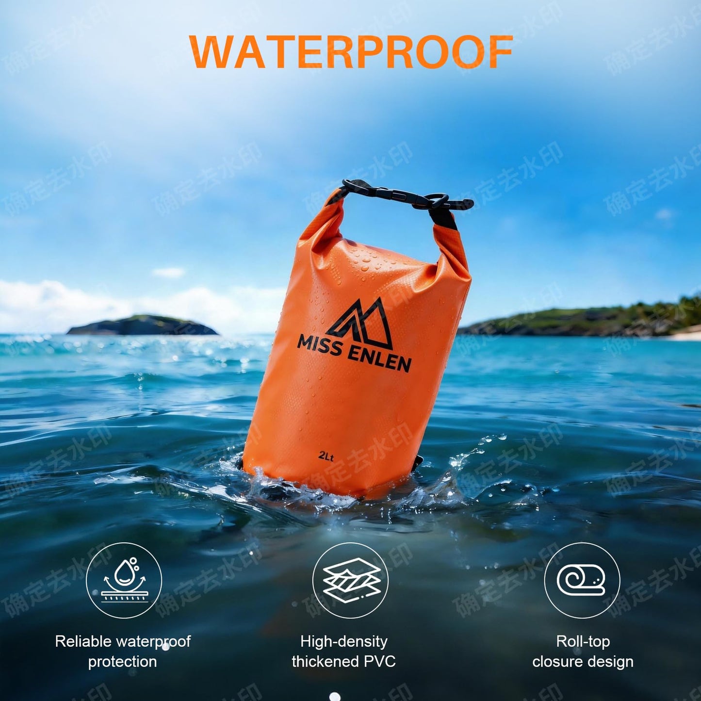 MISS ENLEN Waterproof Dry Bag 500D PVC Roll Top Dry Sack with 3 Carrying Ways, Lightweight Waterproof Bag for Kayaking, Swimming, Boating, Paddle Boarding, Hiking, Beach (Orange, 2L)