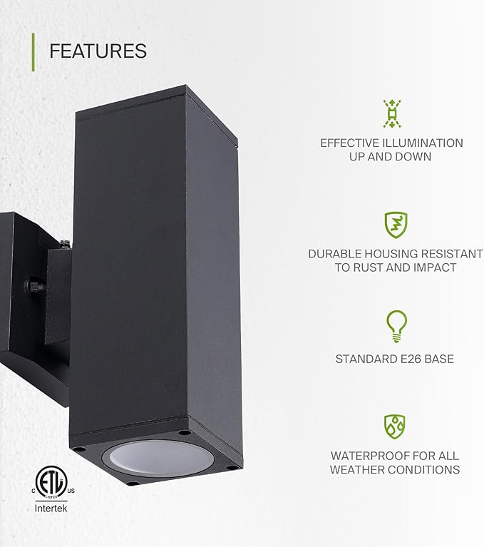 ASD 2 Light Square Dusk to Dawn Outdoor Wall Light Fixture | 120W E26 Bulb Socket 120V ETL Cylinder Up Down Lights | LED/CFL/Incandescent Bulb Wall Sconce | Front Door, Porch, Patio | Black, 2 Pack
