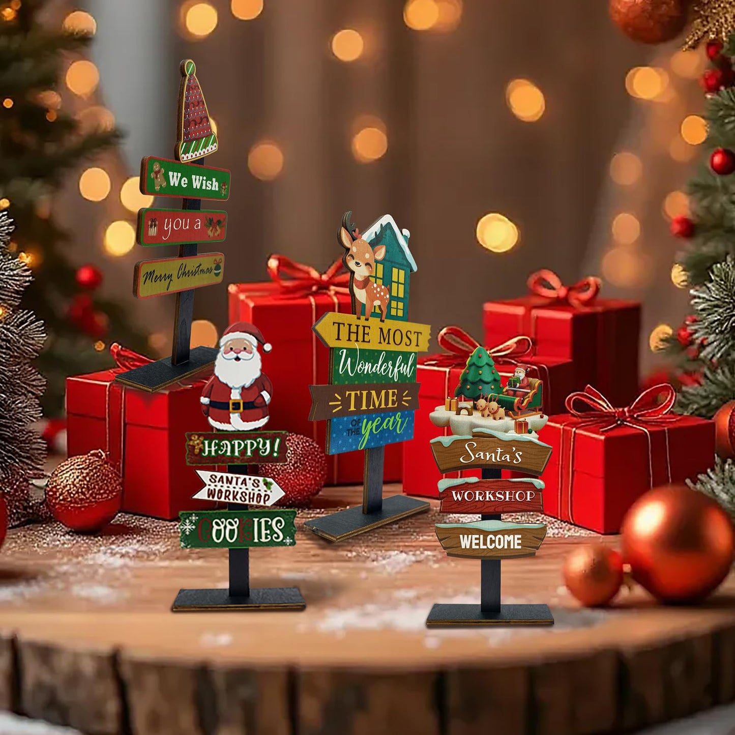 YvSuZeBuDa Christmas Table Decorations, 4 Piece Wooden Rectangular Sign Boards, Rustic Farmhouse Style, Polychrome, 8.86 x 4.72 Inches, Wall Mount with Twine, Cozy Theme (Santa hat)