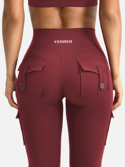 YEOREO CoreFlex Women Workout Flare Leggings with Pockets Hidden Scrunch High Waisted Cargo Gym Yoga No Front Seam Leggings Anchor Red L